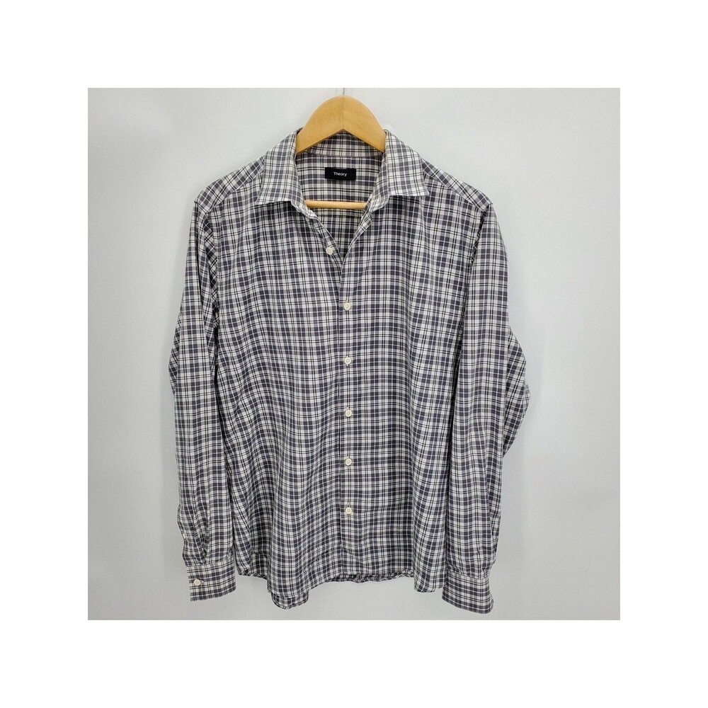 Theory Mens Sylvain Button Front Shirt Long Sleeve Gray Check Plaid Size Large